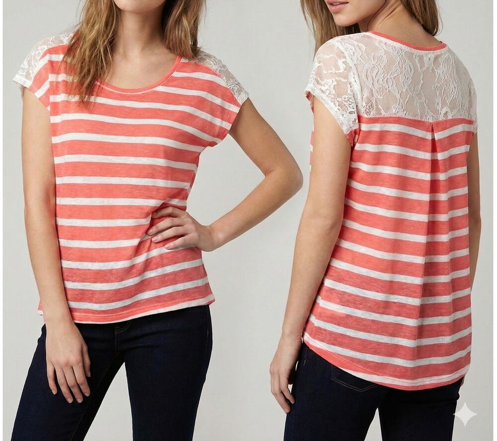 Tyche Womens M Pink White Striped Short Cap Sleeve Shirt Lace Back
